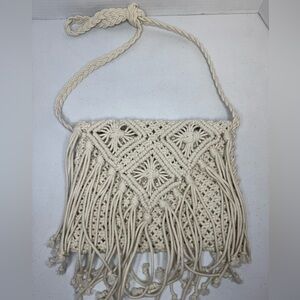 Fringed Macrame Over-The-Shoulder Purse Vintage Boho Hippie Chic Style